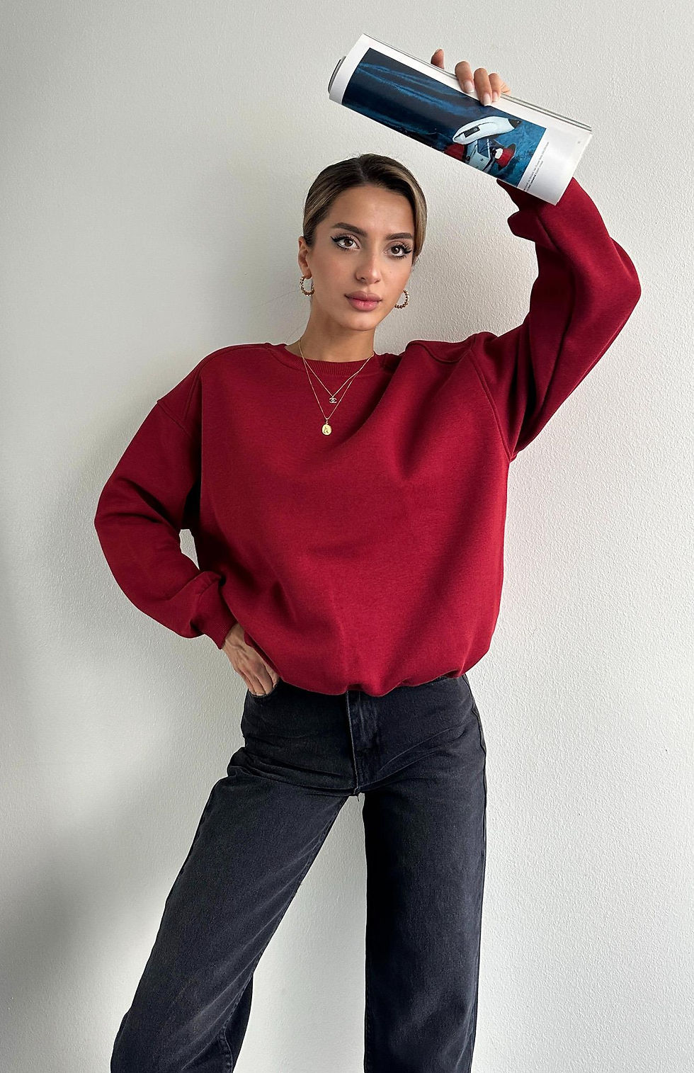 Küçük resim: Lavida Omzu Ribana Bisiklet Yaka Basic Şardonlu Kadın Sweatshirt