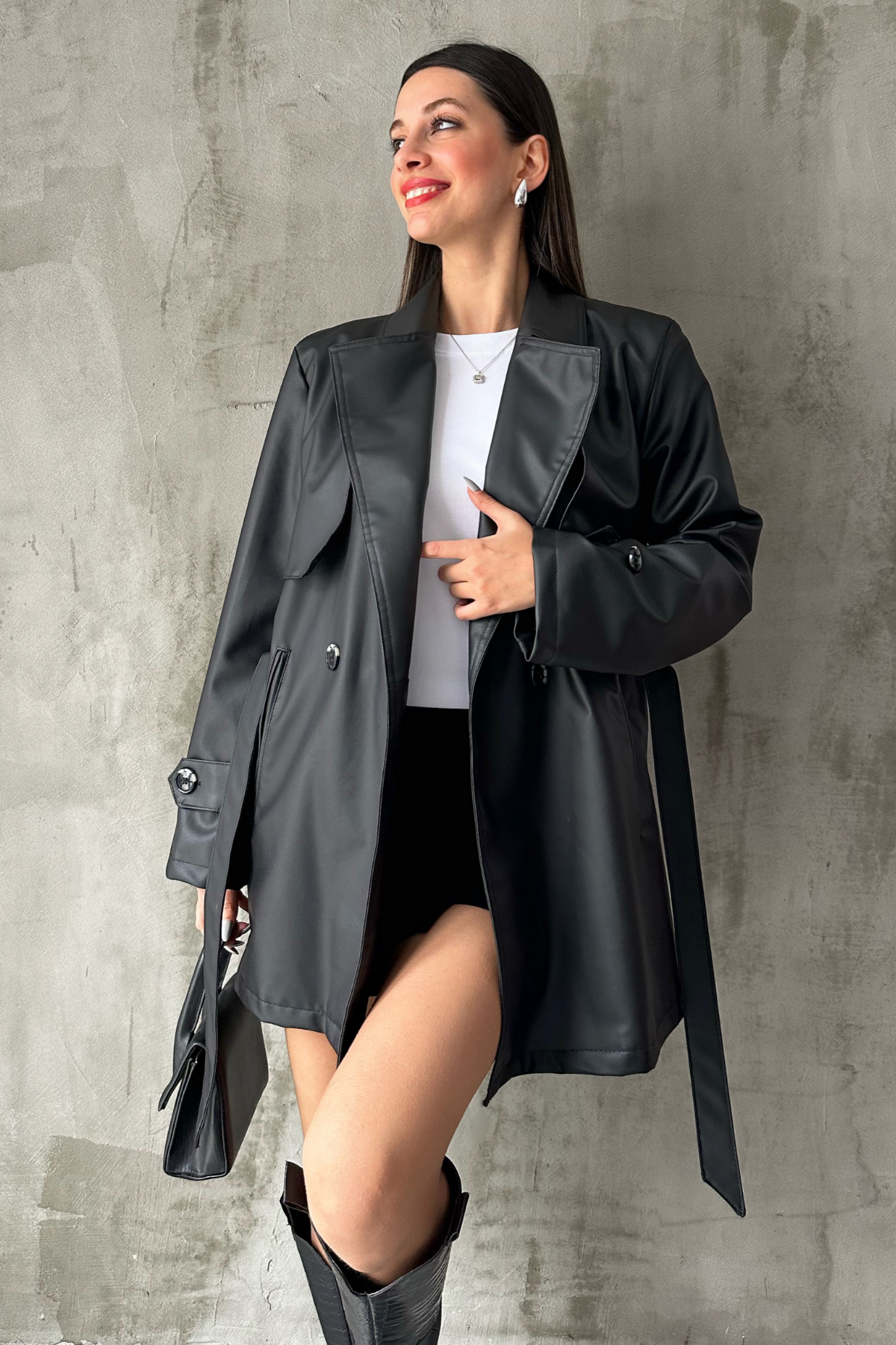 Lavida ZR Model Ara Boy Kemerli Deri Kadın Trençkot