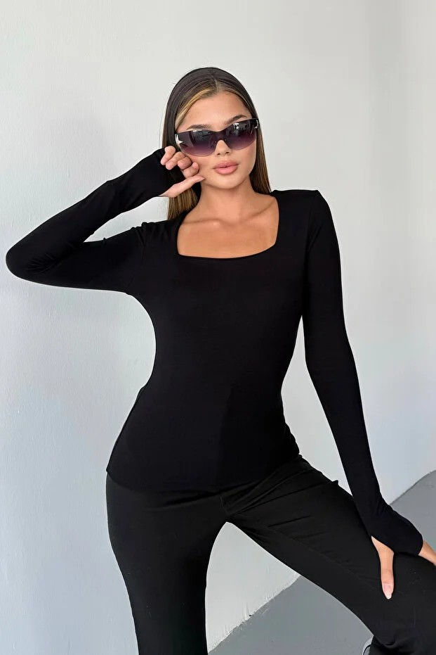 Küçük resim: ModaLavida Modal Kumaş Kare Yaka Parmak Geçmeli Kadın Body