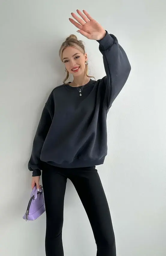 Küçük resim: Lavida Omzu Ribana Bisiklet Yaka Basic Şardonlu Kadın Sweatshirt