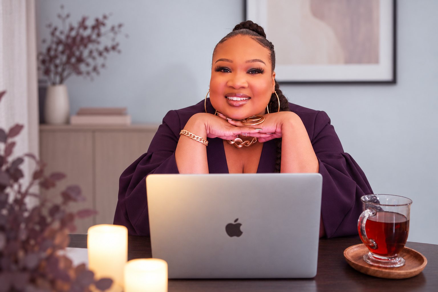 Ariel Salomé at her desk, chin resting on her hands, smiling