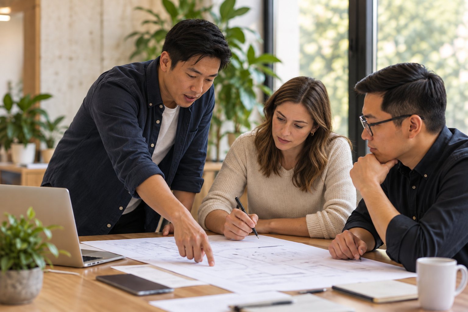 Three colleagues reviewing a printed plan together at a table