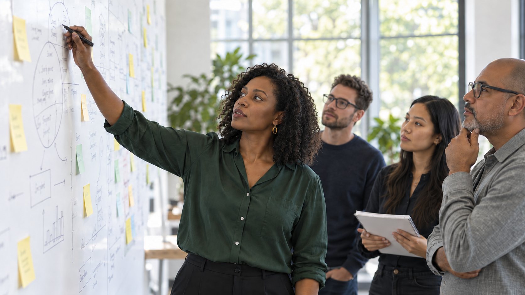 A facilitator mapping a system in sticky notes while three colleagues watch
