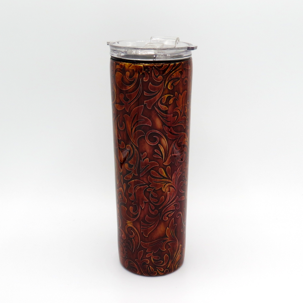 Thumbnail: Live Like Someone Left the Gate Open, Western Tooled Leather Skinny Tumbler