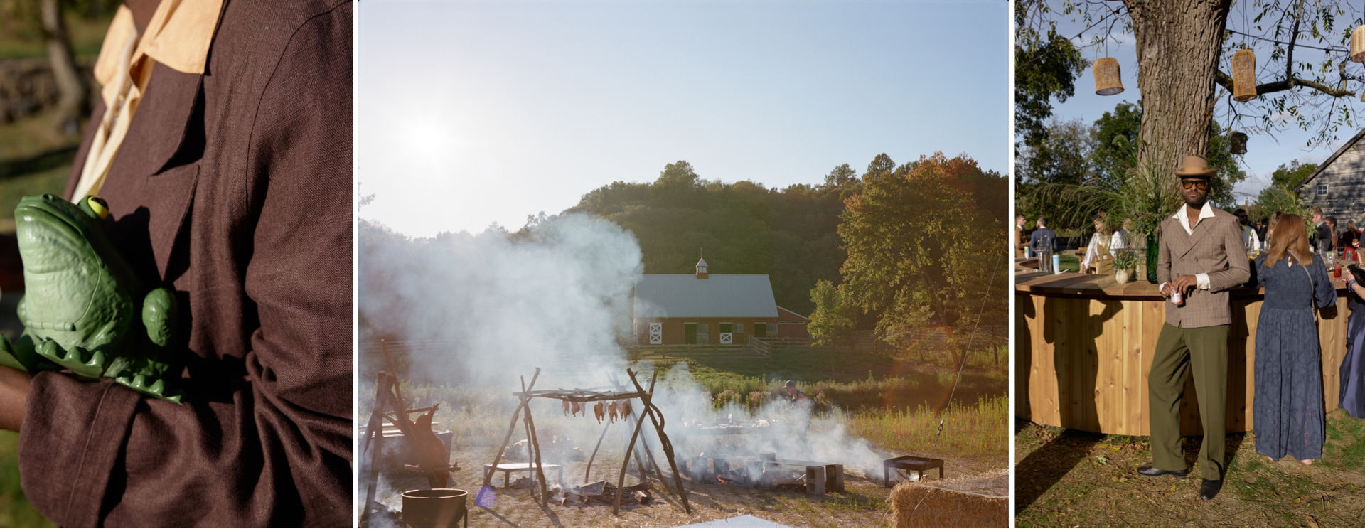 Upstate Kingston backyard wedding with open-fire outdoor cooking, stylish cocktail hour guests, and family-style reception atmosphere in the Hudson Valley countryside