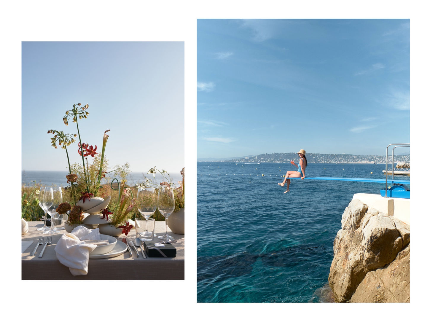 Hotel du Cap-Eden-Roc wedding weekend on the French Riviera featuring oceanfront reception tablescape and guest sitting on diving board above the Mediterranean Sea in Antibes France