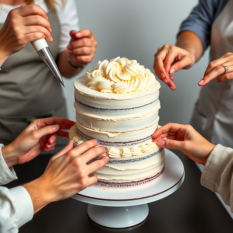 A dynamic and interactive cake decoration workshop scene centered around a multi-layered c