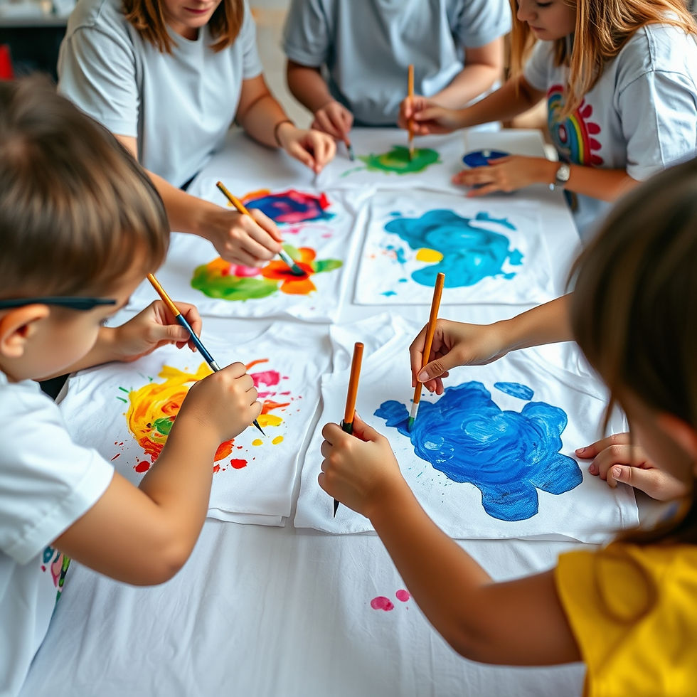 A lively and interactive t-shirt painting workshop scene focused on hands actively creatin