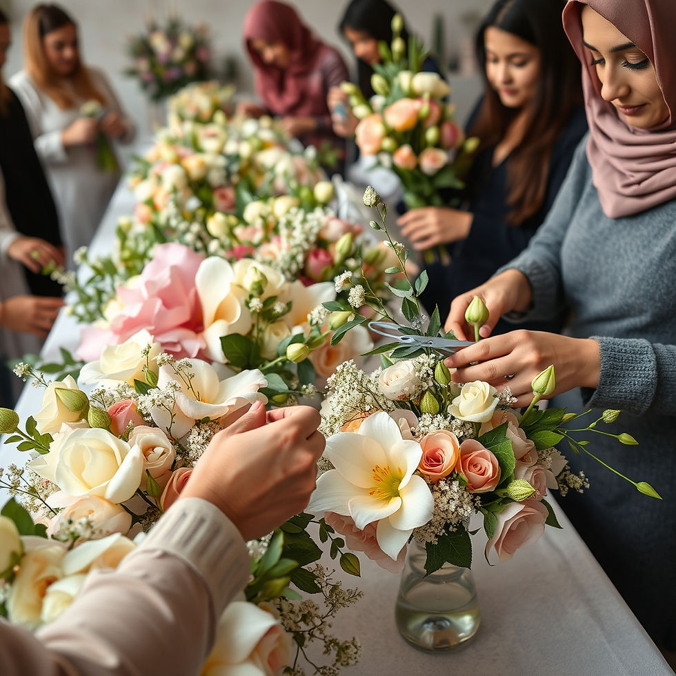 A dynamic and interactive flower arrangement workshop scene focused on the process of crea