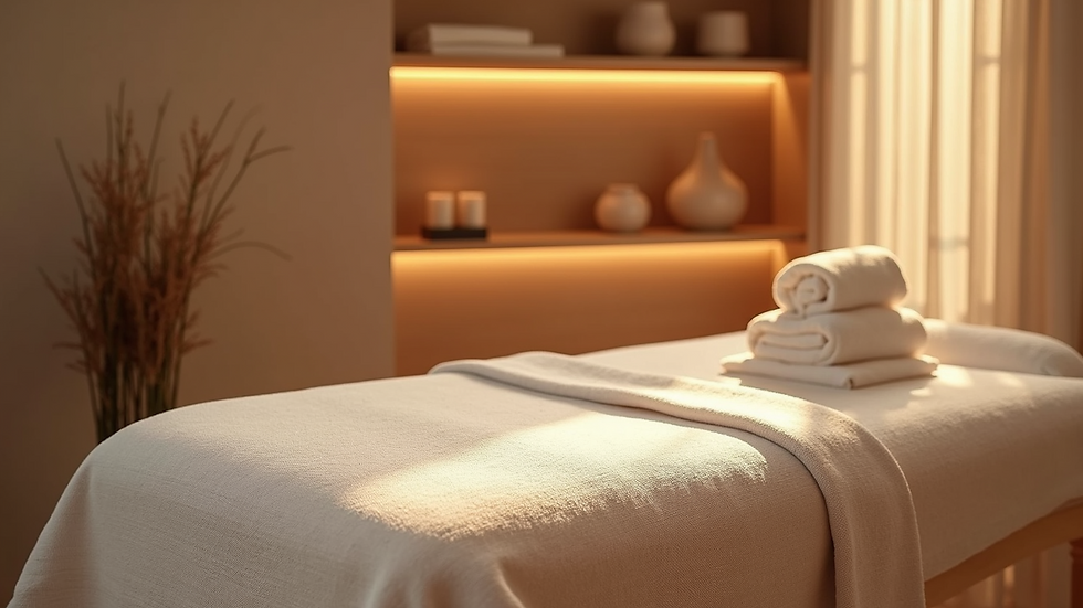 High angle view of a cozy massage space with calming decor