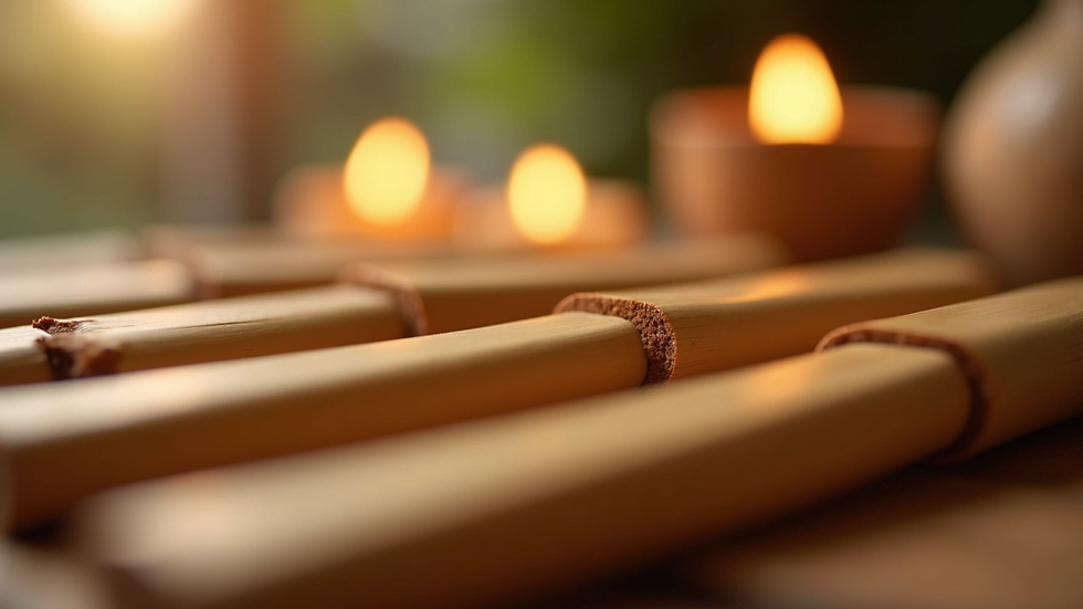 Close-up view of warm bamboo sticks used in massage therapy