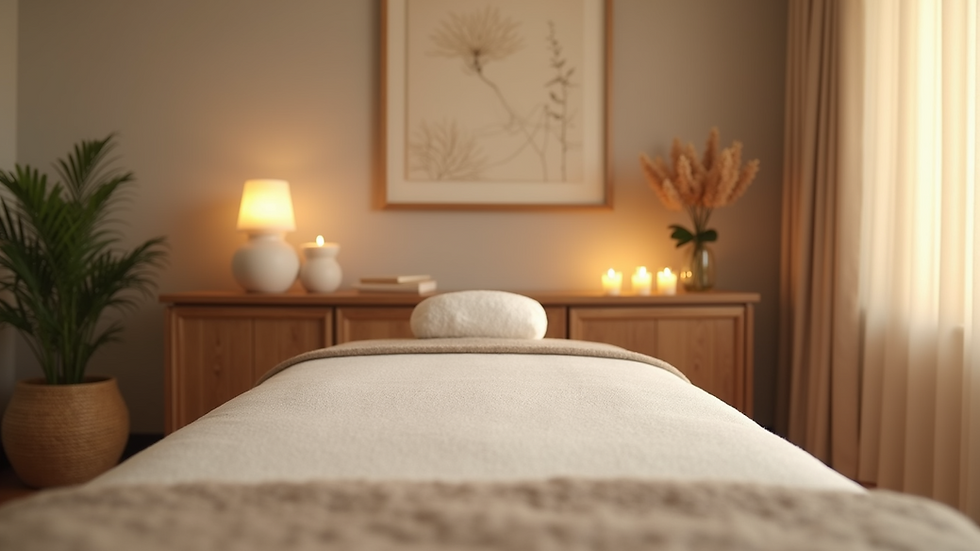 Eye-level view of a serene massage room with calming decor