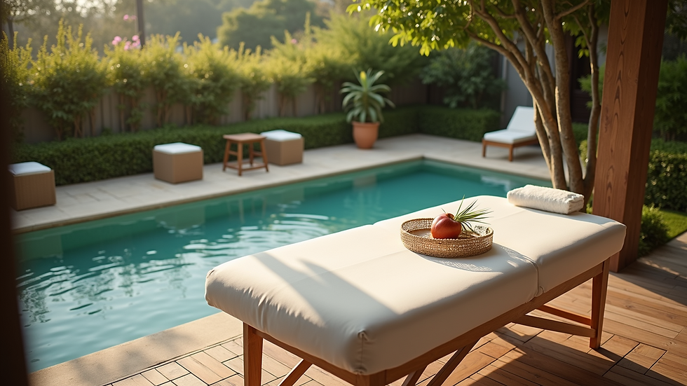 High angle view of a peaceful outdoor setting with a massage table