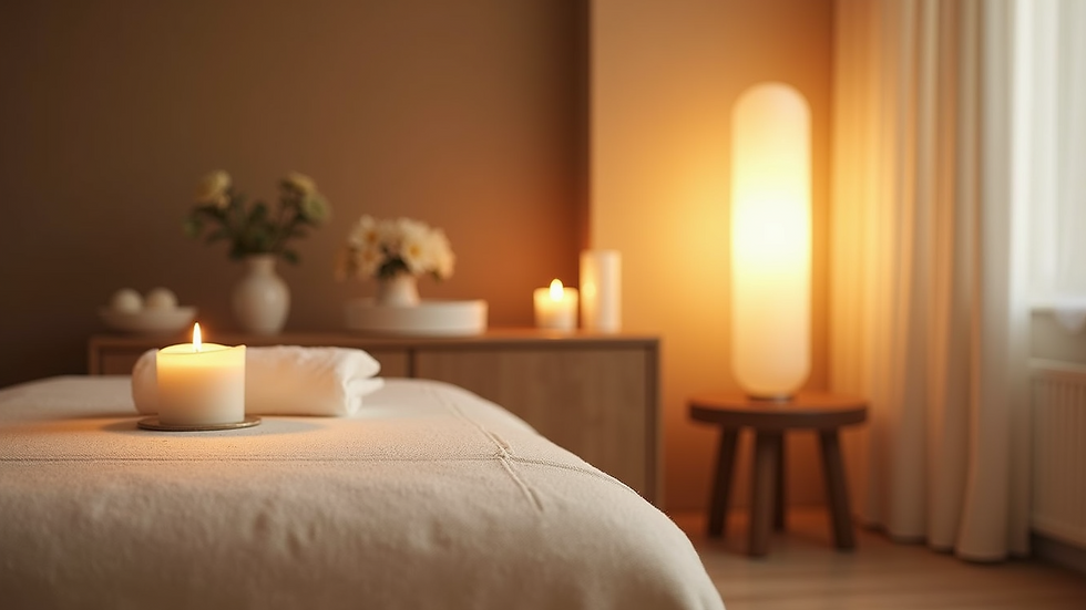 Eye-level view of a tranquil massage room with soft lighting