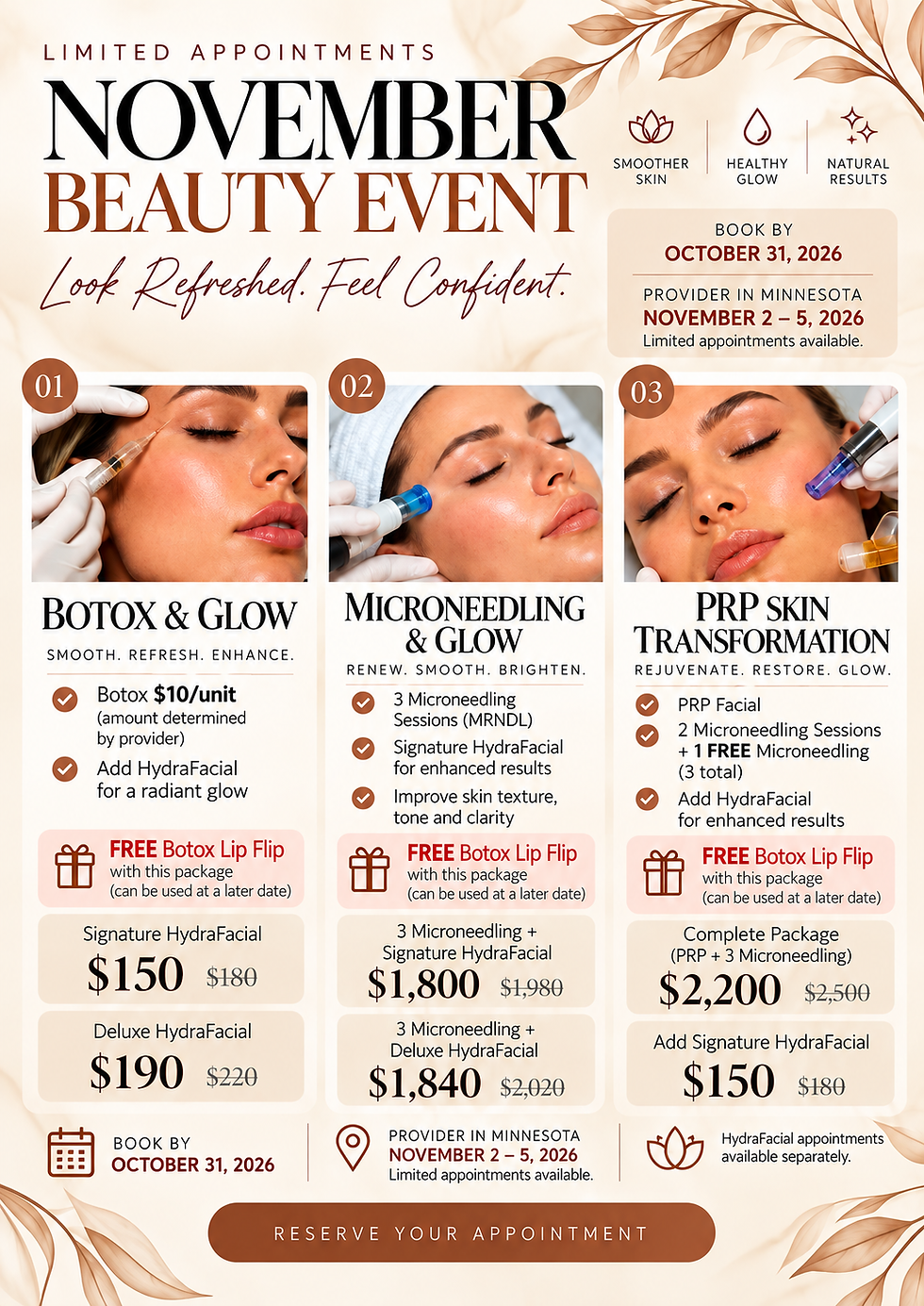 November Beauty Event at Medical Specialists in Edina featuring Botox, HydraFacial, microneedling, and PRP specials.