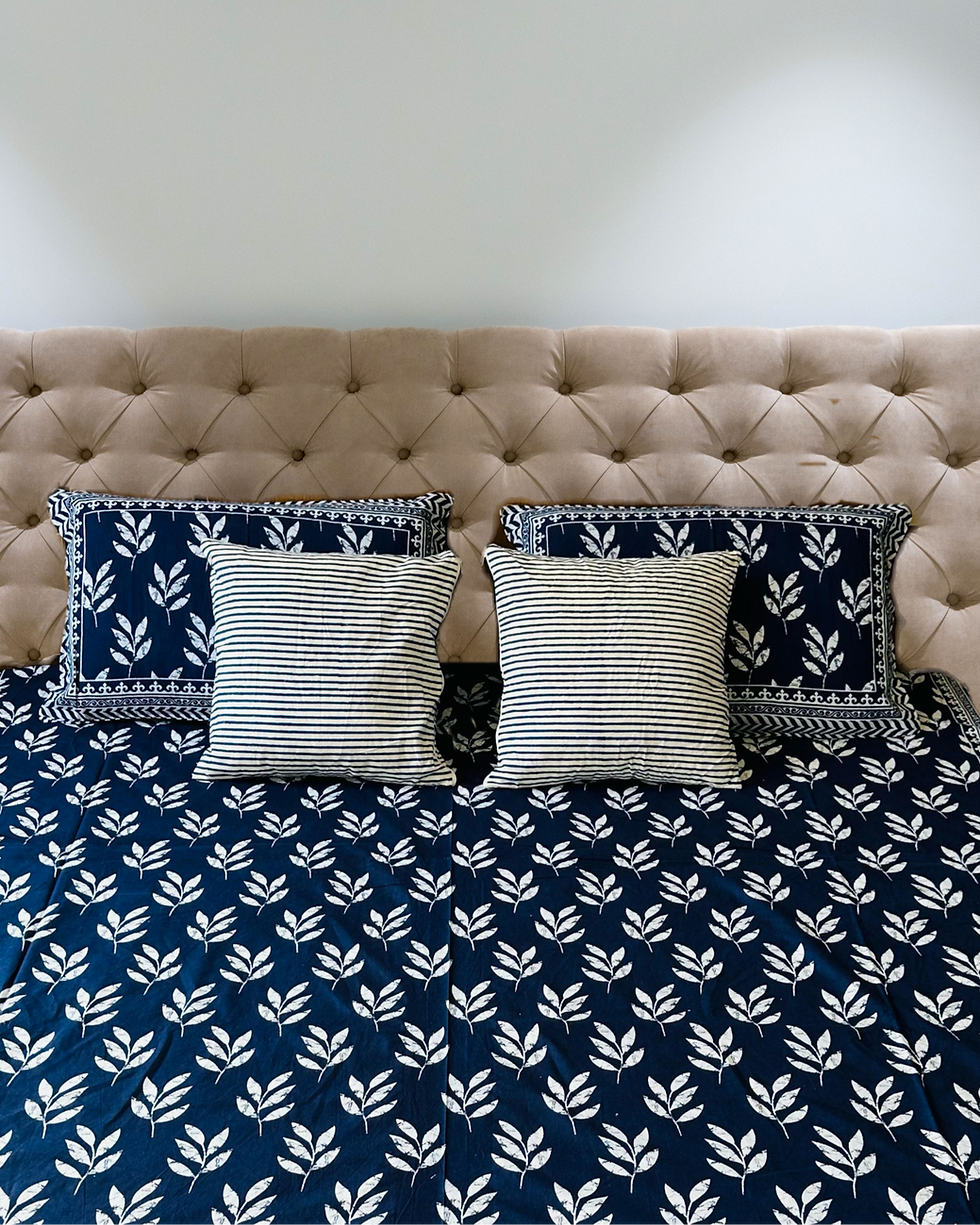 Indigo Blue Pure cotton king bedsheet with leaf motif in white Option of 2 cushions