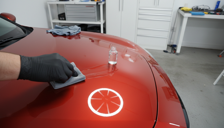 Top-down view of a detailer applying ceramic coating to a red car hood with an applicator block.