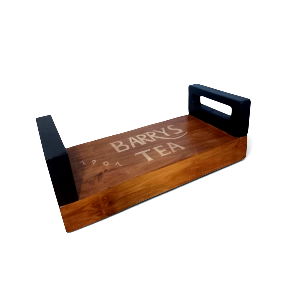 Barry’s Tea tray – engraved lettering, black handles.