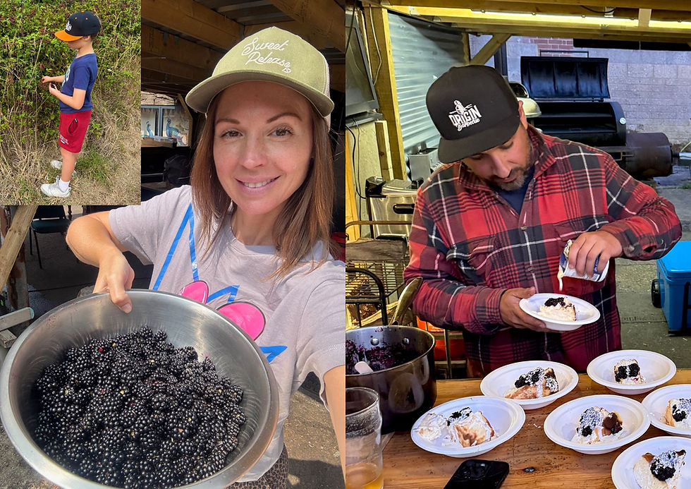 Boy picking blackberries, woman holding a bowl of them, and a man adding cream to desserts in an outdoor setting.