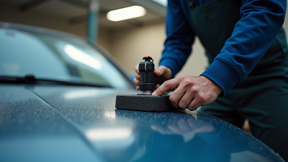 Eye-level view of a professional using a buffer on a car hood