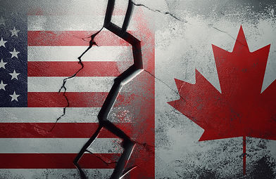 Canadian and USA flags with rupture