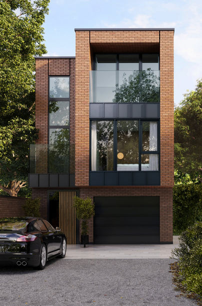 3D rendering of a modern three-story brick house with large windows, created for a design competition by KOLO CGI.