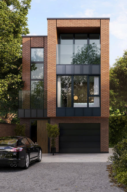 3D rendering of a modern three-story brick house with large windows, created for a design competition by KOLO CGI.