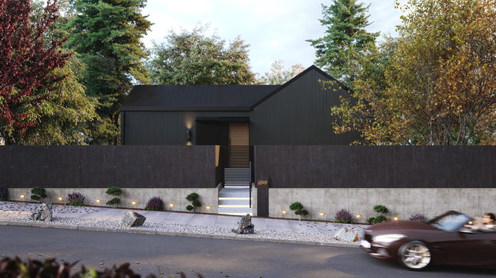 Modern black barn-style home exterior 3D rendering with concrete retaining wall and landscape lighting