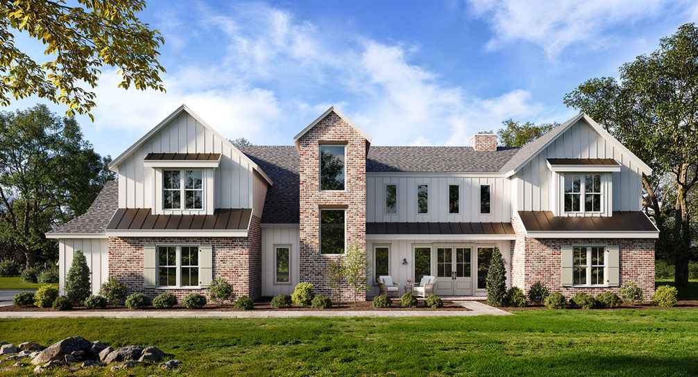 High-end residential exterior rendering of modern farmhouse style single-family home by Kolo CGI