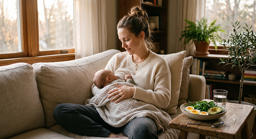 Two postpartum mothers with their babies in a bright nursery, representing different breastfeeding and weight loss experiences