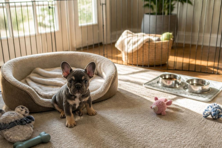 Cozy play area with a puppy bed and toys, essential for French Bulldog puppy care at home.