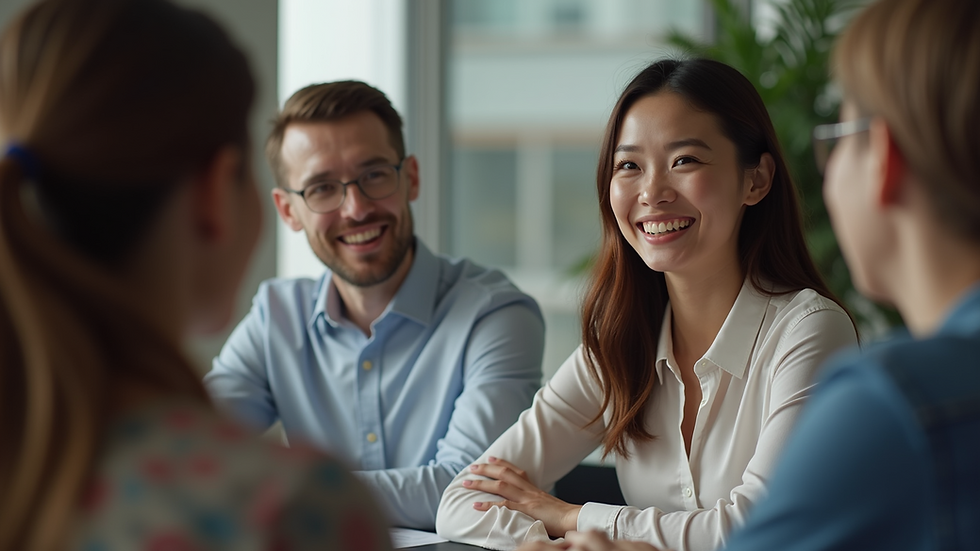 Close-up view of a woman smiling while engaging in a group discussion
