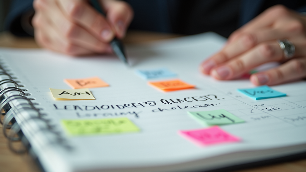 Close-up view of a leadership coaching workbook with colorful notes