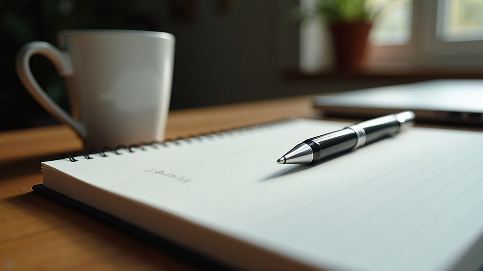 Eye-level view of a notebook and pen on a wooden desk