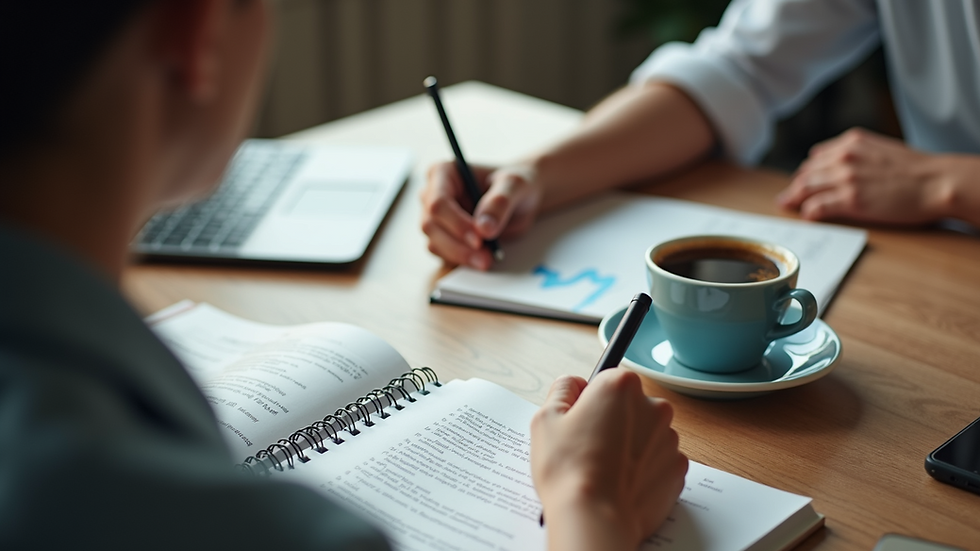 High angle view of a coaching session with notes and coffee