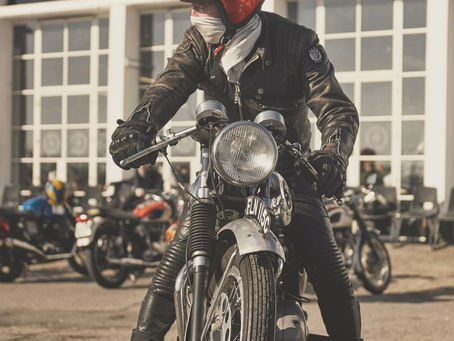 A classic cafe racer style motorcycle at Britain's famous Ace Cafe, the original home of cafe racing