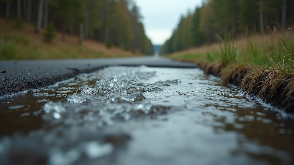 Eye-level view of a roadside ditch with flowing water