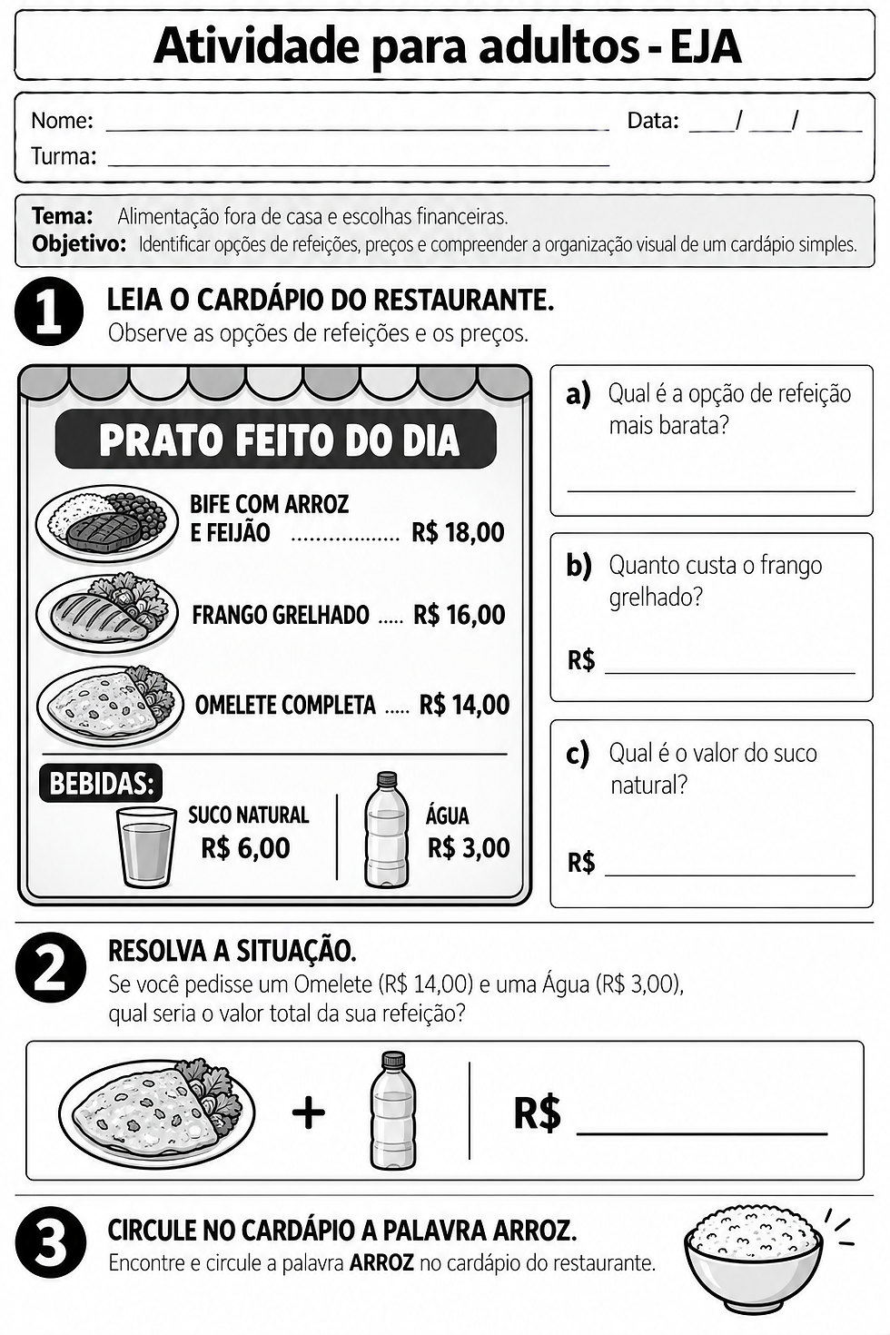 Atividade para Alfabetização de Adultos - EJA