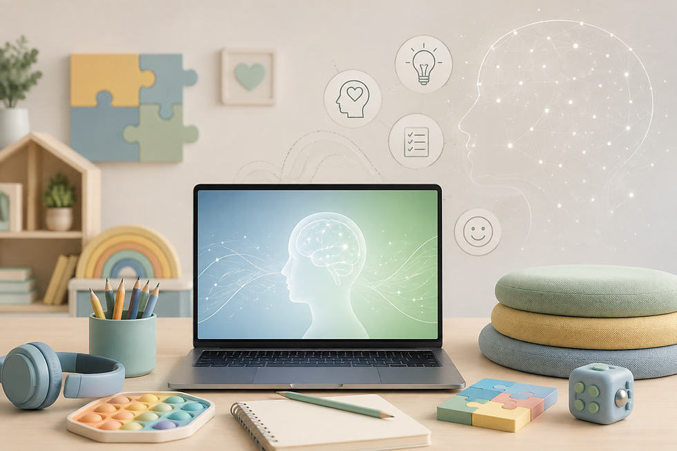Mesa infantil com laptop exibindo perfil cerebral, fones, lápis, brinquedos e almofadas; fundo com ícones de aprendizado e calma.