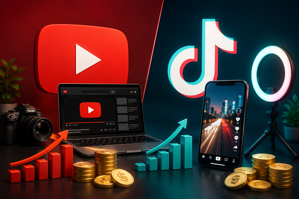 YouTube e TikTok representados lado a lado com equipamentos de criação de conteúdo, gráficos de crescimento e moedas simbolizando monetização.