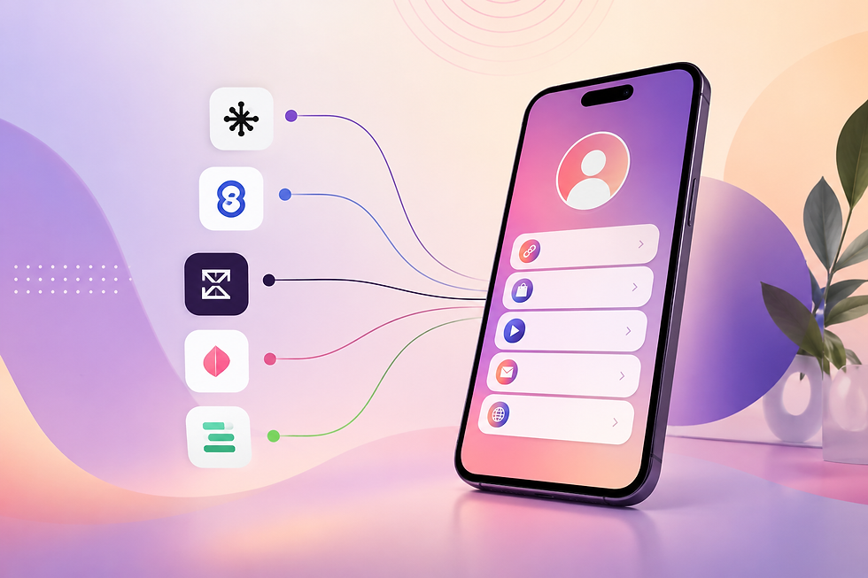 Alternativas ao Linktree exibidas em uma ilustração com smartphone mostrando uma página de link na bio, conectado a diferentes plataformas e serviços, representando opções para organizar múltiplos links no Instagram de forma elegante e profissional.