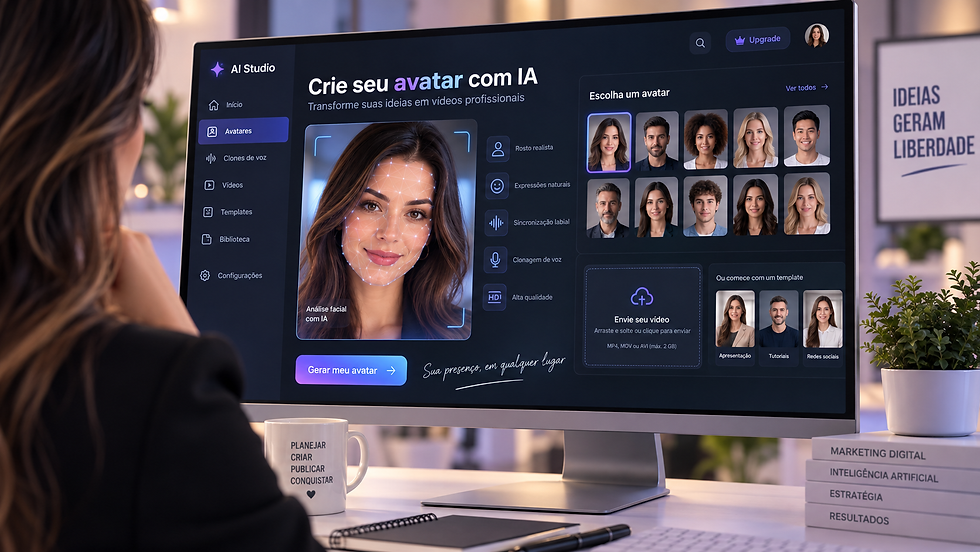 Interface de software de inteligência artificial mapeando o rosto de um criador para criar um avatar virtual