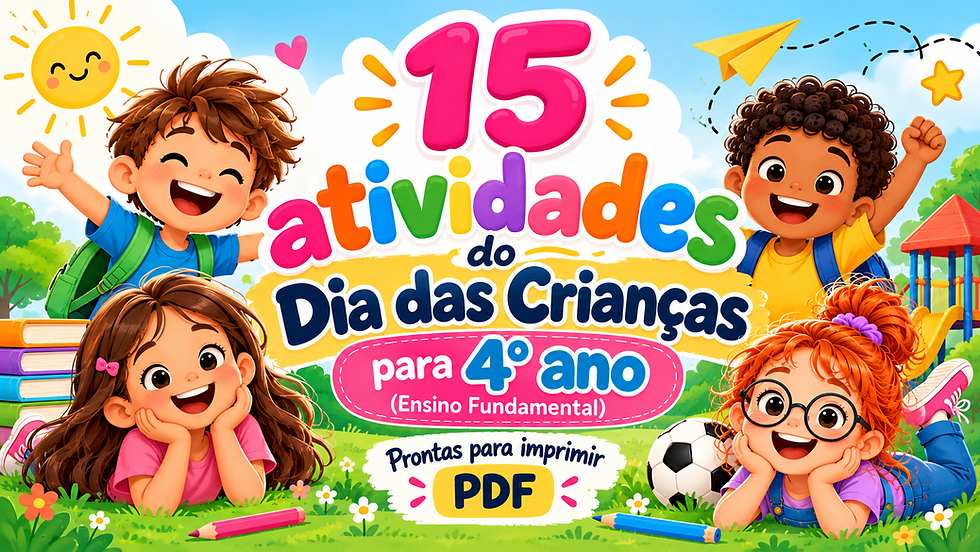 Banner colorido com 4 crianças sorrindo e texto: 15 atividades do Dia das Crianças para 4º ano, PDF, em parque ensolarado.
