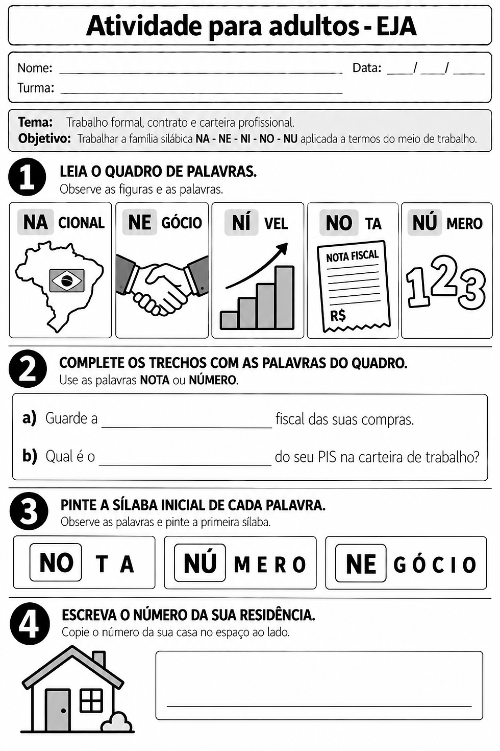 Atividade para Alfabetização de Adultos - EJA