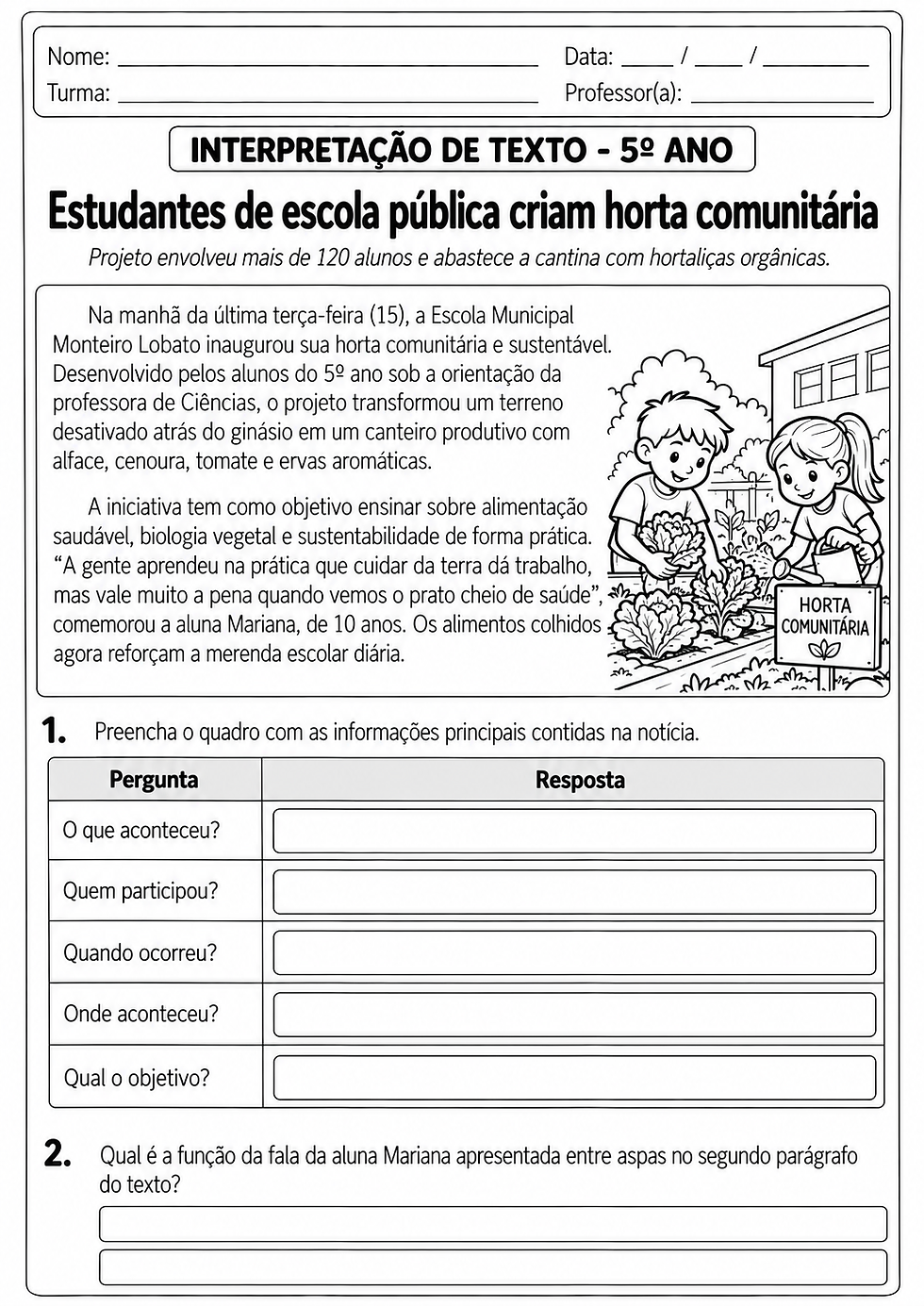 Atividade Interpetação de Texto 5 ano