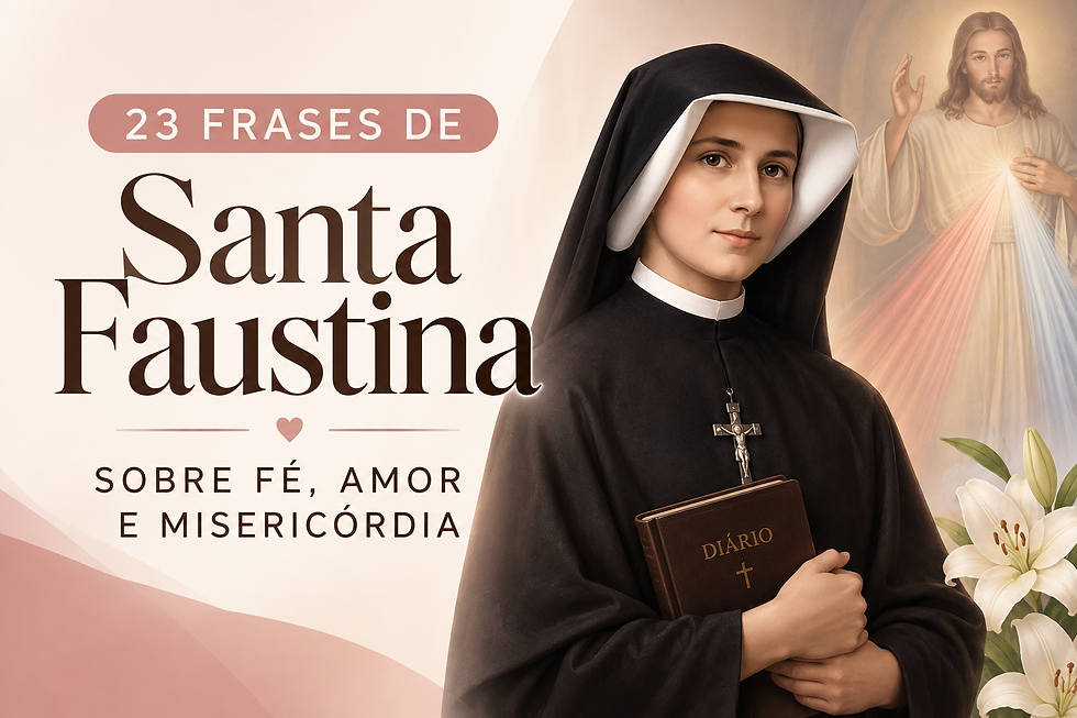 Freira segura um diário diante de Jesus; capa com lírios e texto: 23 Frases de Santa Faustina, sobre fé, amor e misericórdia