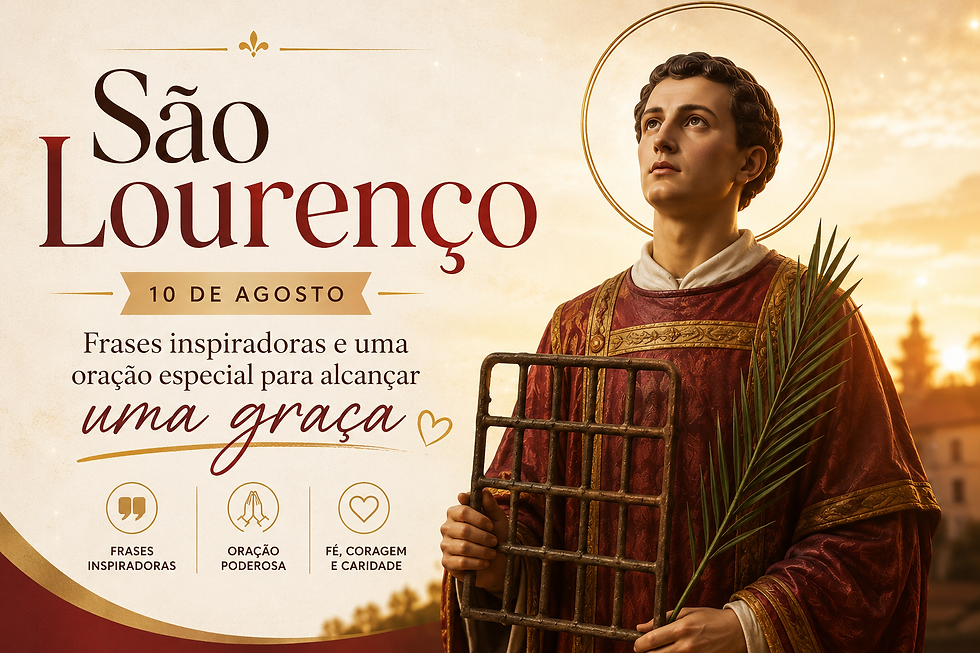 Ilustração horizontal de São Lourenço com auréola, vestes vermelhas e a grelha do martírio nas mãos, ao pôr do sol, representando fé, coragem e devoção no Dia de São Lourenço, celebrado em 10 de agosto.