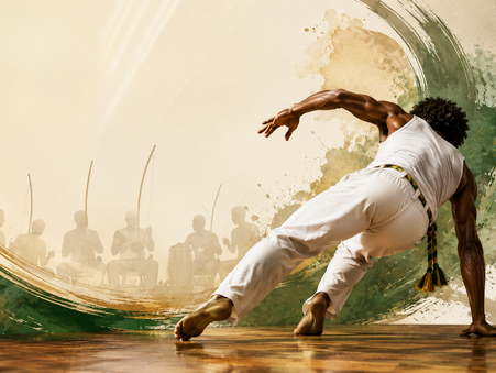Capoeirista executando um movimento acrobático durante uma roda de capoeira, com músicos ao fundo tocando berimbau e atabaque, em uma arte horizontal elegante com tons terrosos, verdes e dourados que celebra a cultura brasileira e o Dia do Capoeirista.