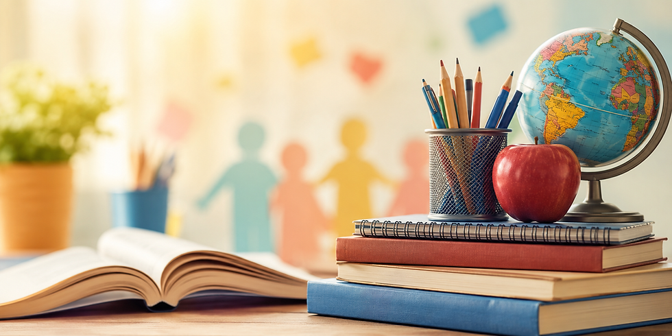 Mesa com livros, caderno aberto, lápis, maçã e globo terrestre em ambiente escolar iluminado, simbolizando o Dia do Profissional da Educação e a importância do ensino.