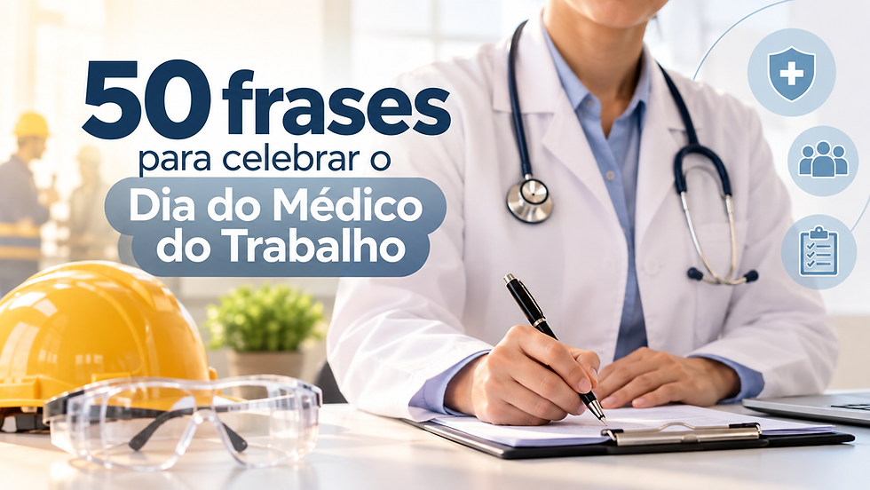 Médica escreve em prancheta; capacete e óculos na mesa. Texto: 50 frases para celebrar o Dia do Médico do Trabalho.